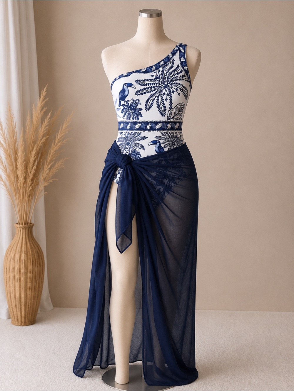 Women’s One-Shoulder Navy & White Printed Bathing Suit with Front Tie Coverup